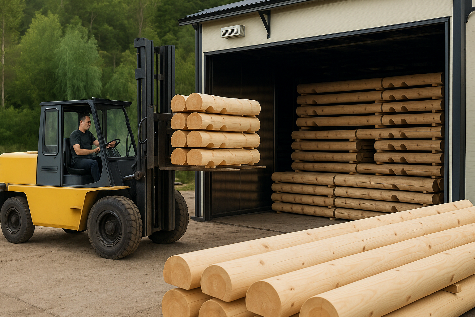 Сложенные на полках бревна