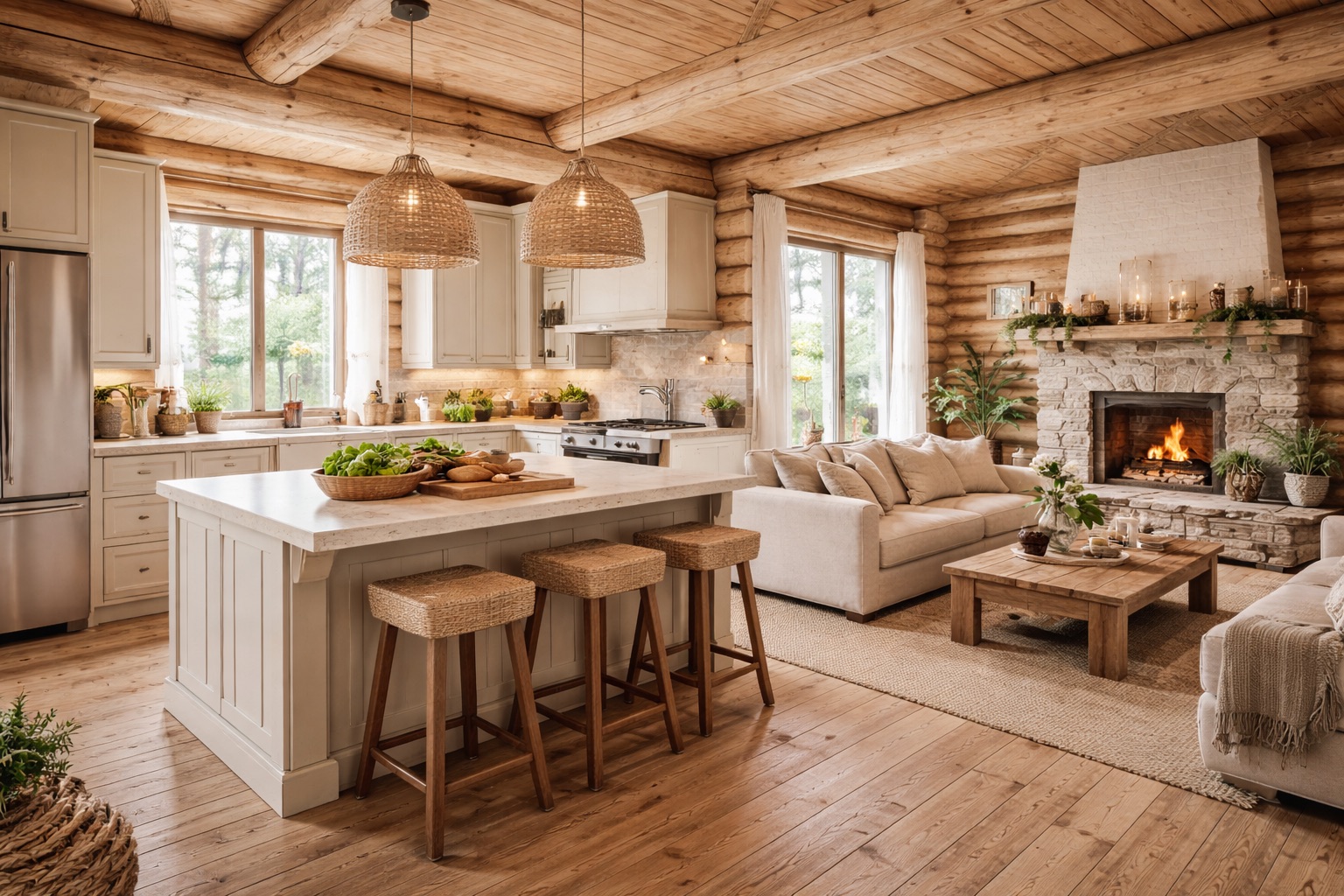 Интерьер гостинной в деревянном доме